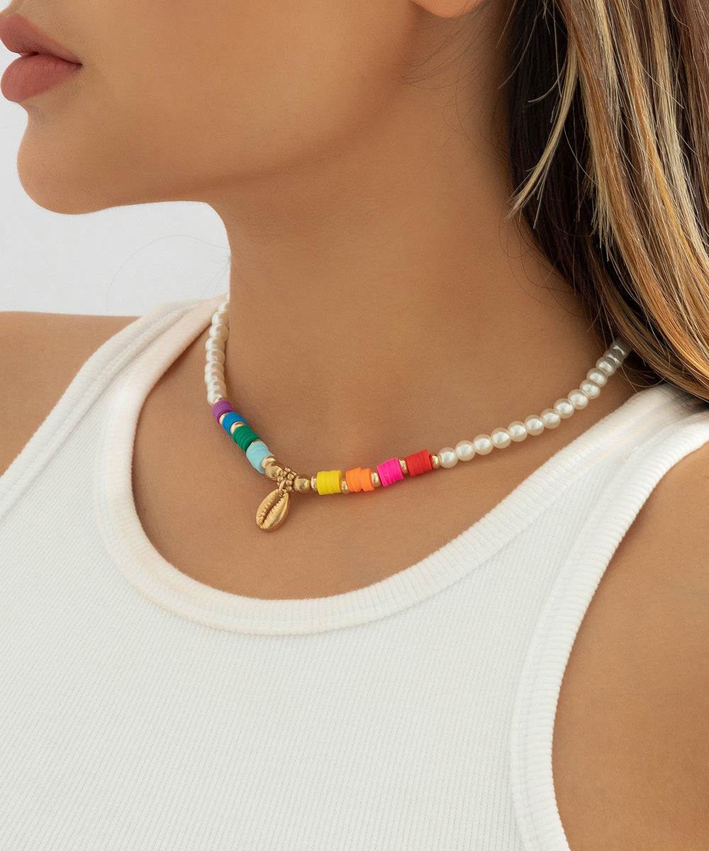 Boho White Alloy Pearl Beading Shell Gratuated Bead Necklace