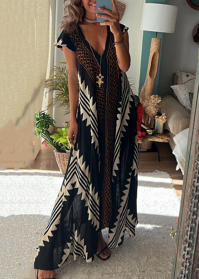French Black V Neck Patchwork Chiffon Dress Summer  Bloomshe