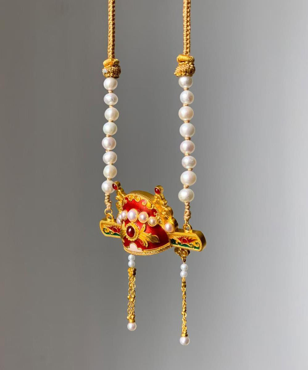 Unique Gold Sterling Silver Overgild Pearl Weavin Scholar Hat Lariat Necklace