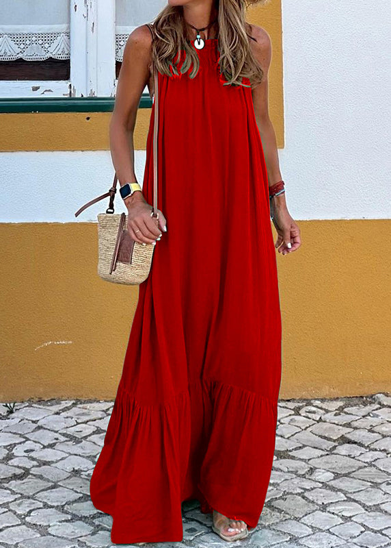 Women Red Ruffled Solid Cotton Maxi Dress Sleeveless Bloomshe Women Red Ruffled Solid Cotton Maxi Dress Sleeveless Bloomshe