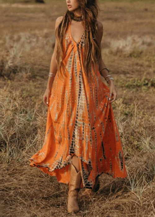 Bohemian Orange V Neck Print Cotton Long Dress Sleeveless – Bloomshe Bohemian Orange V Neck Print Cotton Long Dress Sleeveless – Bloomshe