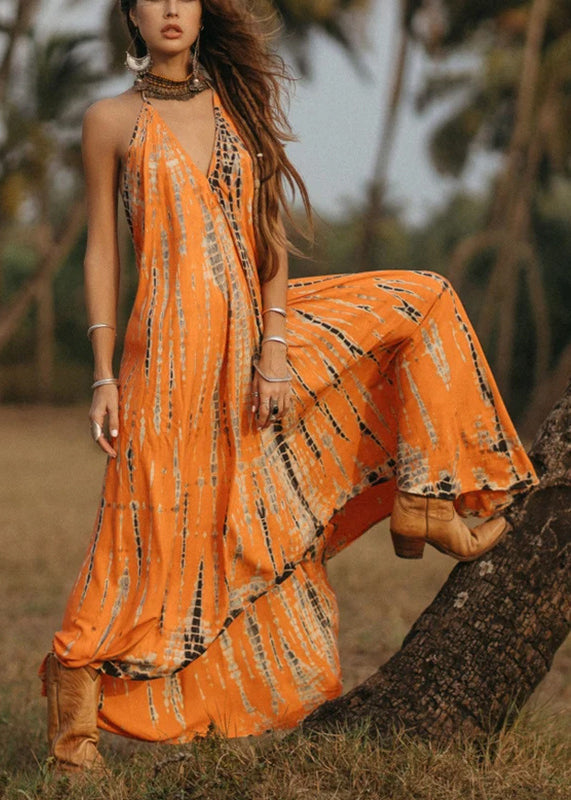 Bohemian Orange V Neck Print Cotton Long Dress Sleeveless Bloomshe Bohemian Orange V Neck Print Cotton Long Dress Sleeveless Bloomshe
