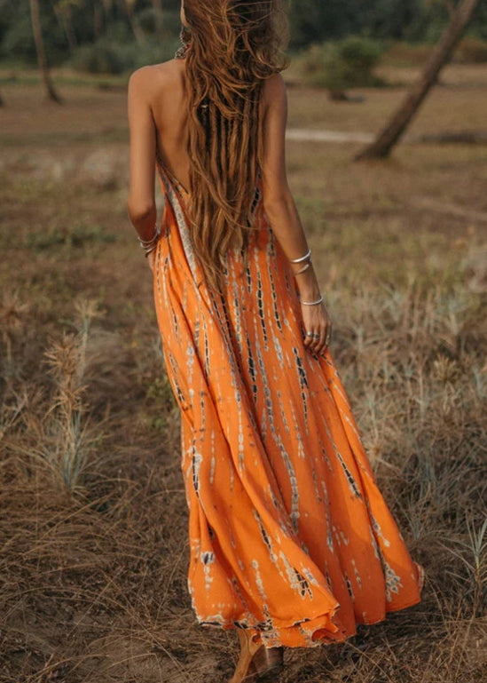 Bohemian Orange V Neck Print Cotton Long Dress Sleeveless – Bloomshe Bohemian Orange V Neck Print Cotton Long Dress Sleeveless – Bloomshe