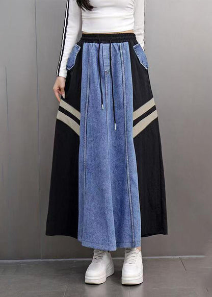 Boutique Colorblock Pockets Striped Elastic Waist Maxi Denim Skirts Spring