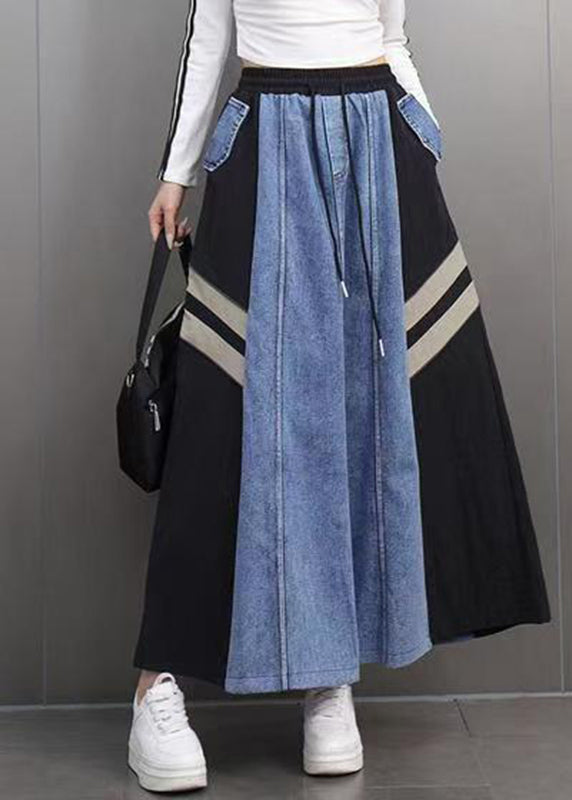 Boutique Colorblock Pockets Striped Elastic Waist Maxi Denim Skirts Spring