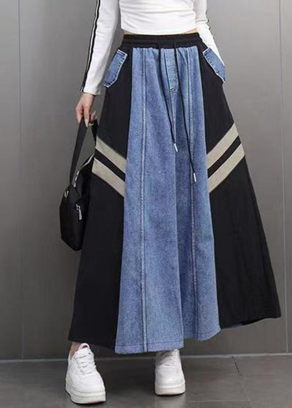 Boutique Colorblock Pockets Striped Elastic Waist Maxi Denim Skirts Spring