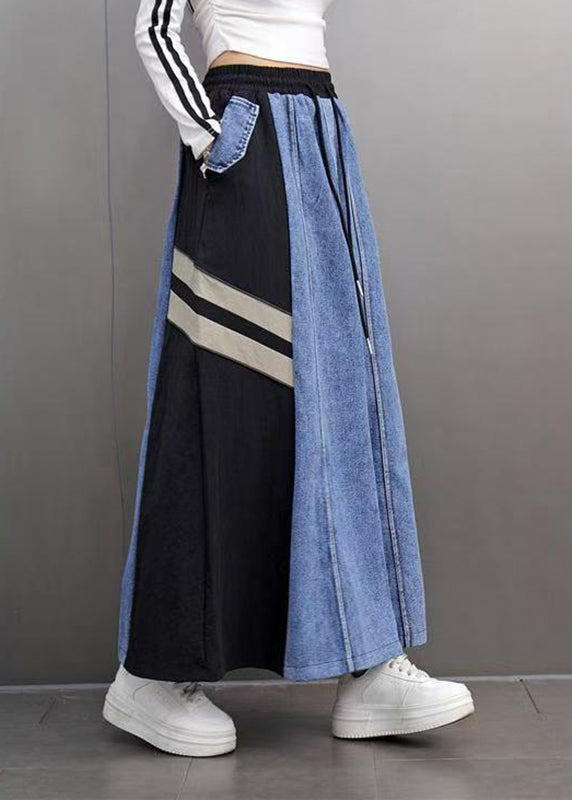 Boutique Colorblock Pockets Striped Elastic Waist Maxi Denim Skirts Spring