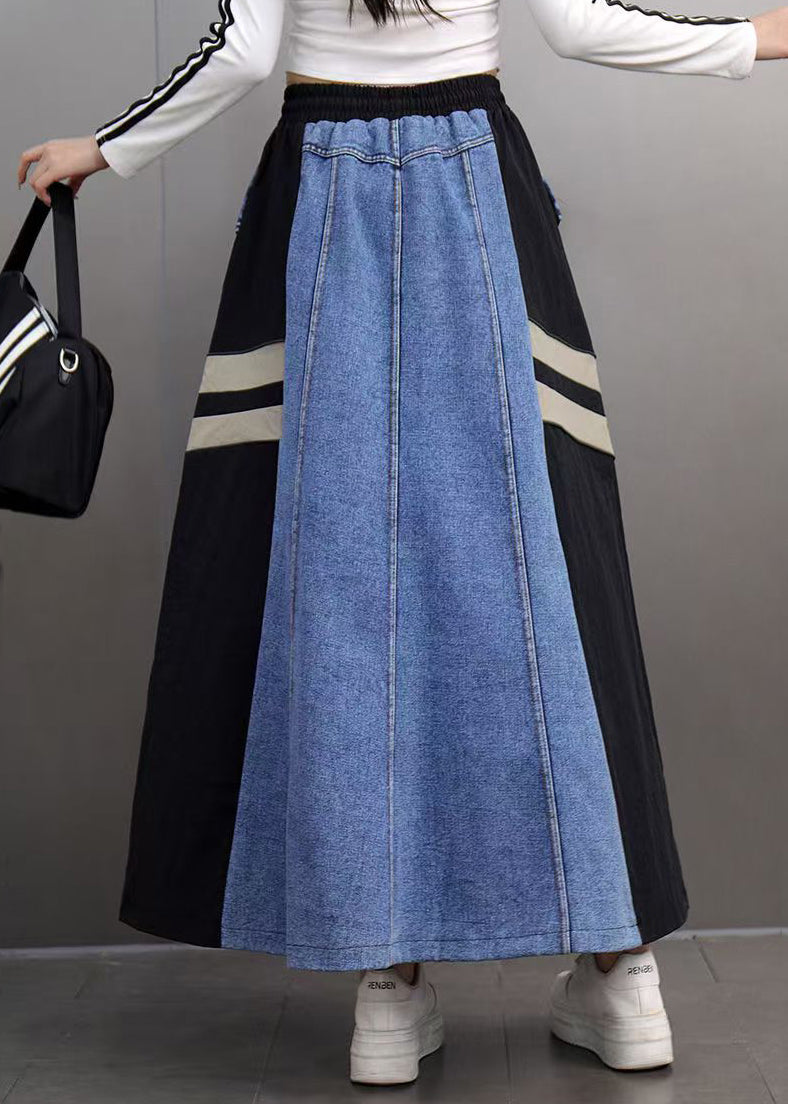 Boutique Colorblock Pockets Striped Elastic Waist Maxi Denim Skirts Spring