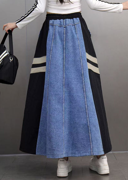Boutique Colorblock Pockets Striped Elastic Waist Maxi Denim Skirts Spring