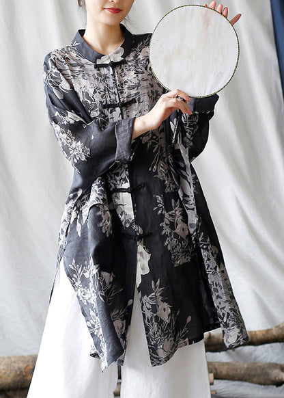 Casual Black Oversized Print Linen Oriental Cardigan Spring