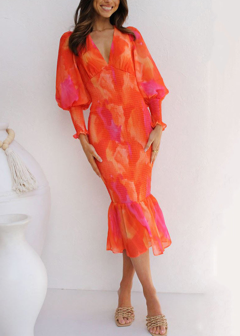 Chic Red V Neck Lace Up Cotton Fishtail Dress Puff Sleeve