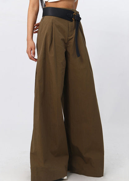 French Brown High Waist Patchwork Cotton Wide Leg Pants Spring