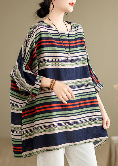 Style Colorblock Oversized Striped Cotton Tops Summer