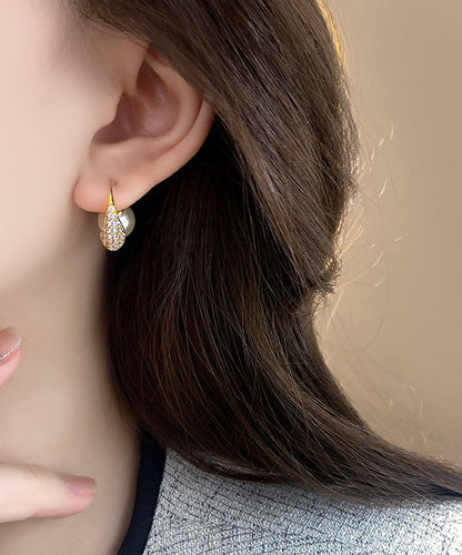 Style Gold Copper Alloy Zircon Pearl Hoop Earrings