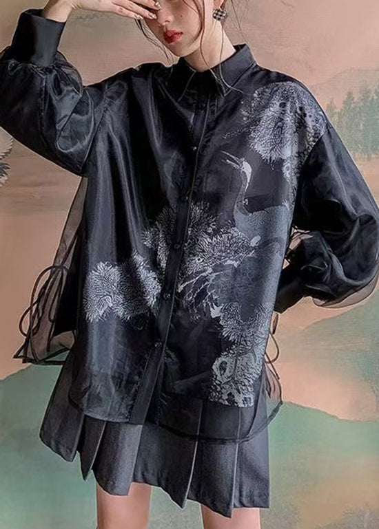 Vintage Black Peter Pan Collar Lace Up Patchwork Tulle Shirt Lantern Sleeve