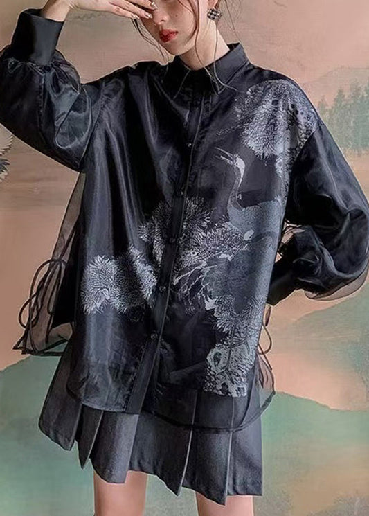 Vintage Black Peter Pan Collar Lace Up Patchwork Tulle Shirt Lantern Sleeve