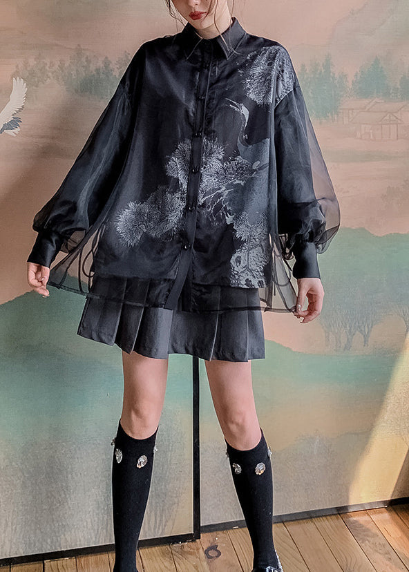 Vintage Black Peter Pan Collar Lace Up Patchwork Tulle Shirt Lantern Sleeve