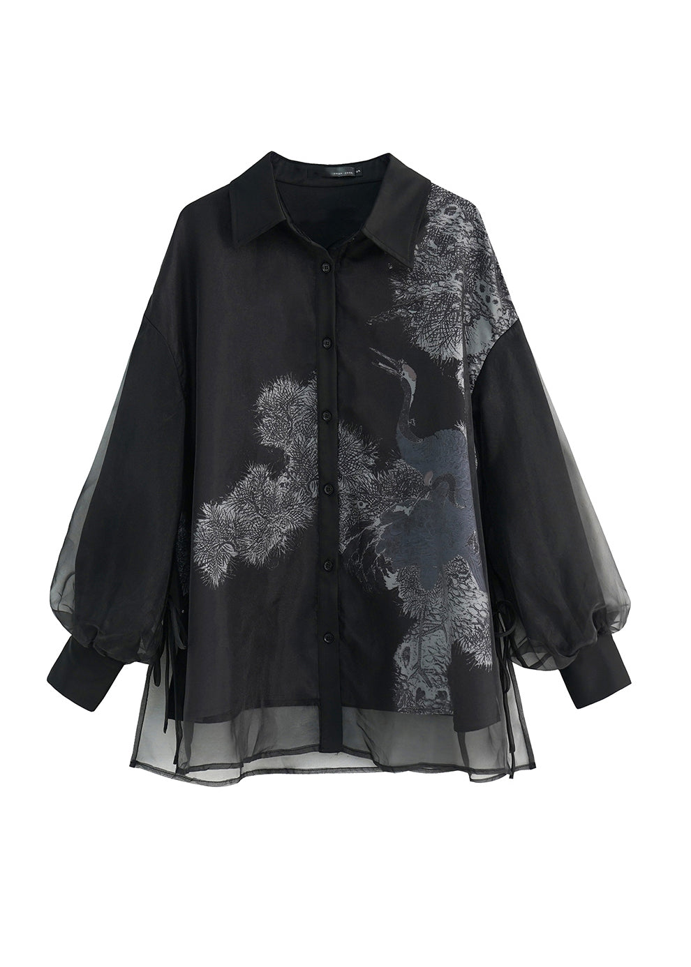 Vintage Black Peter Pan Collar Lace Up Patchwork Tulle Shirt Lantern Sleeve