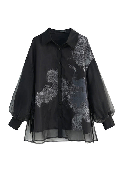 Vintage Black Peter Pan Collar Lace Up Patchwork Tulle Shirt Lantern Sleeve