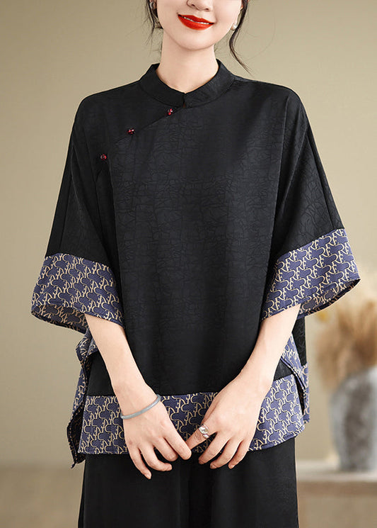 Vintage Blue Oversized Patchwork Silk Shirts Summer