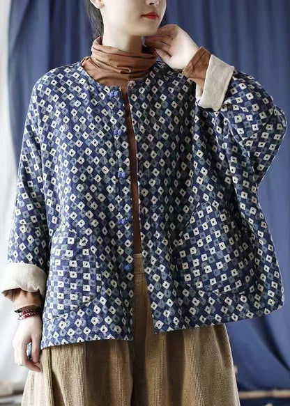 Vintage Blue Oversized Print Linen Coat Spring