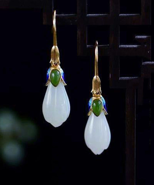 Vintage Gold Sterling Silver Overgild Jade Cloisonne Orchid Stud Earrings