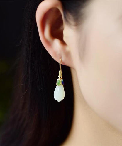 Vintage Gold Sterling Silver Overgild Jade Cloisonne Orchid Stud Earrings