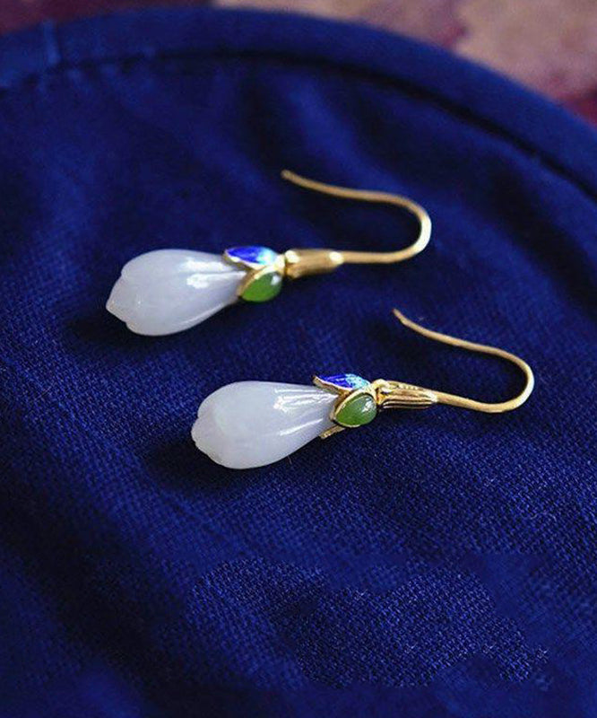 Vintage Gold Sterling Silver Overgild Jade Cloisonne Orchid Stud Earrings