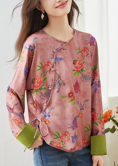 Vintage Plus Size Pink O Neck Print Shirt Top Spring