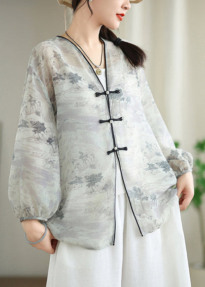 Vintage White Print Chiffon Oriental UPF 50+ Cardigans Spring