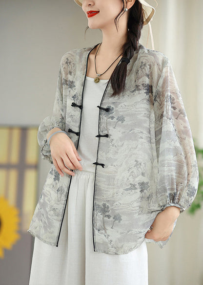 Vintage White Print Chiffon Oriental UPF 50+ Cardigans Spring