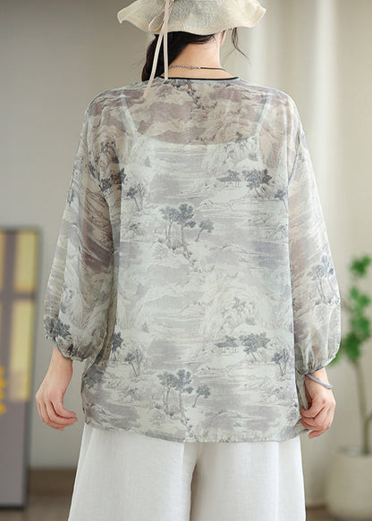 Vintage White Print Chiffon Oriental UPF 50+ Cardigans Spring