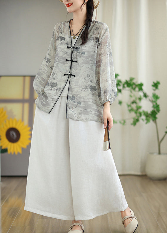 Vintage White Print Chiffon Oriental UPF 50+ Cardigans Spring