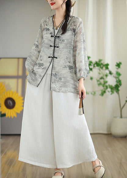 Vintage White Print Chiffon Oriental UPF 50+ Cardigans Spring